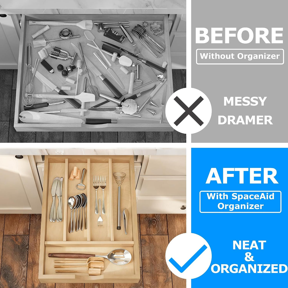 WelFurGeer Solid Birch Wood Silverware Drawer Organizer, Wooden Cutlery Drawe...