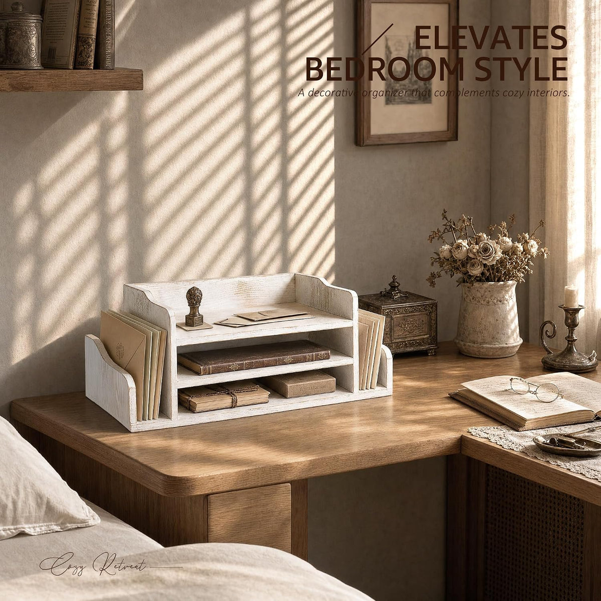 Wood Desk Organizer: File Organizer for Office Desk & Classroom, Whitewash