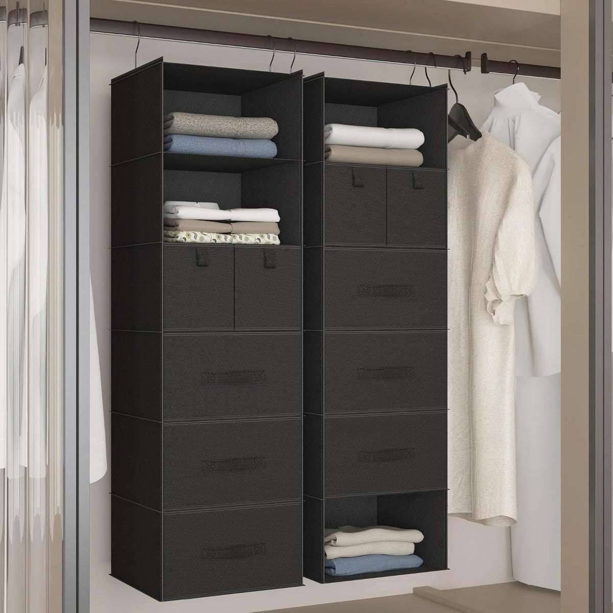 6-Shelf Hanging Closet Organizer with 5 Drawers, Non-Woven Storage, Black