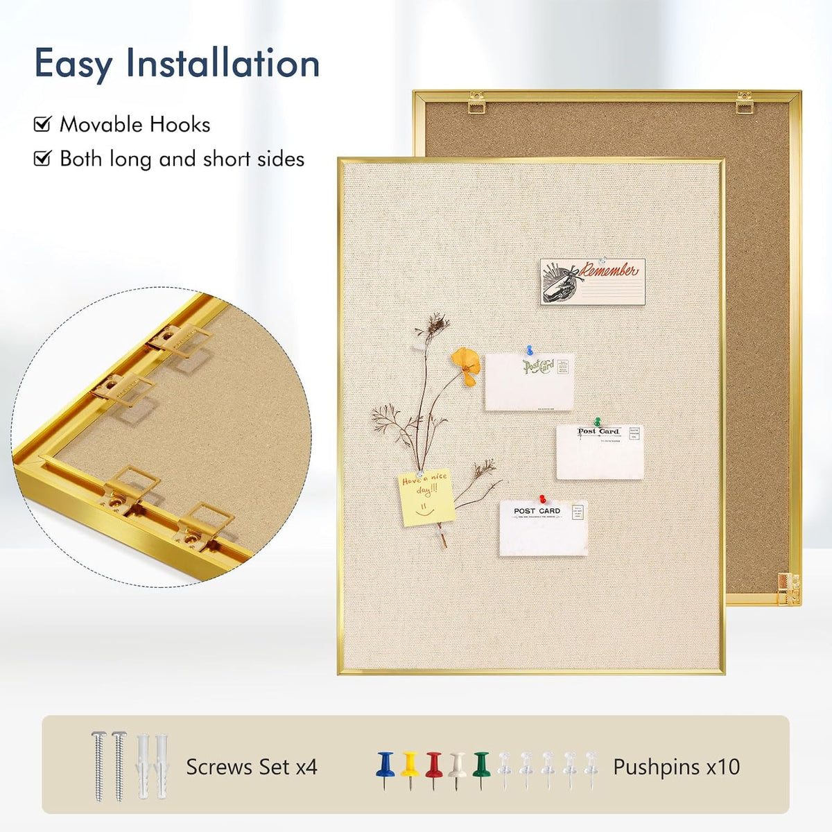 DOLLAR BOSS Linen Bulletin Board, 24'' x 18'', Golden Frame, ...