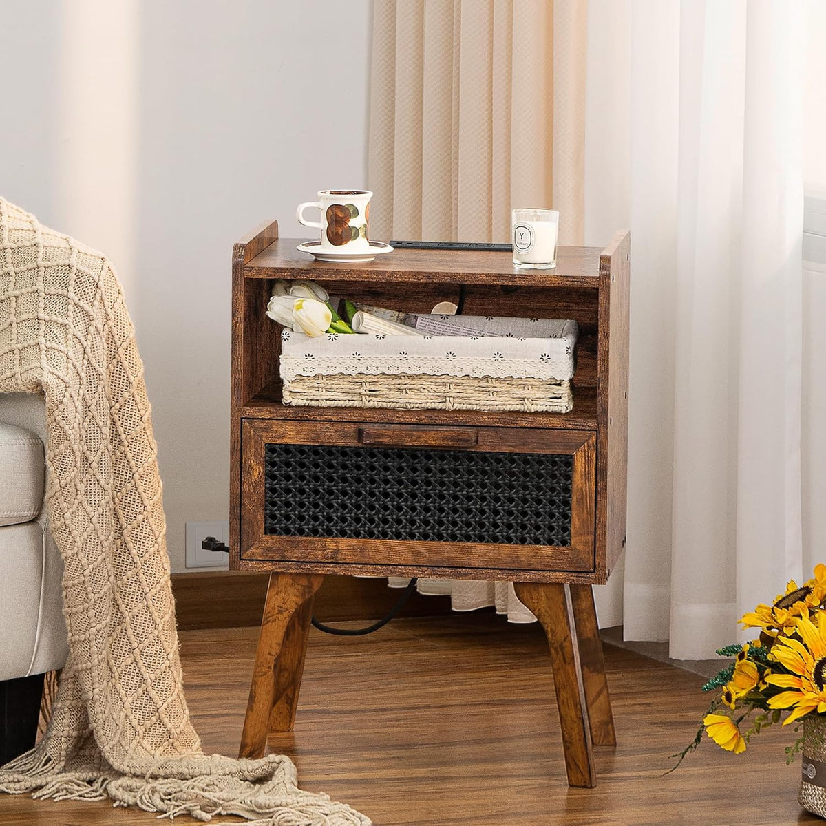 Lerliuo Rattan Nightstand with Charging Station, Side Table with Drawer
