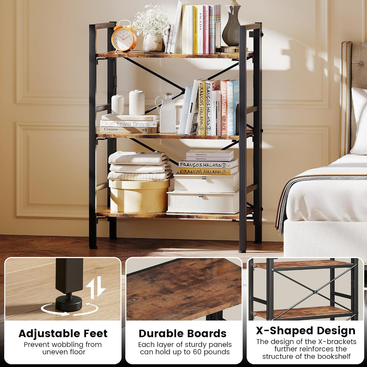 Homeiju Folding Bookshelf No Assembly, 3 Tier Bookcase Foldable Shelf