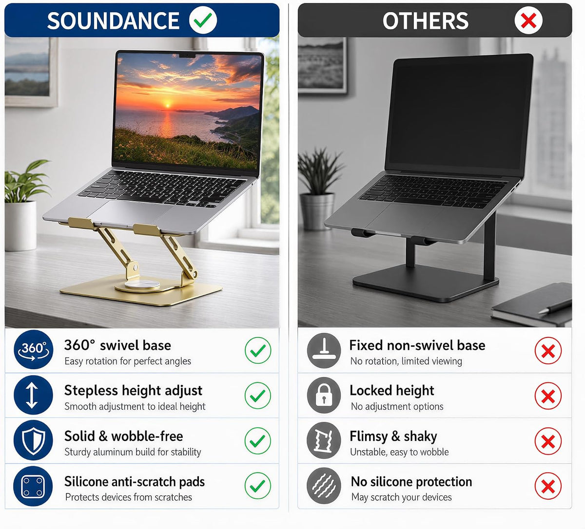 SOUNDANCE 360 Rotating Laptop Stand, Adjustable Riser,10-17", Gold