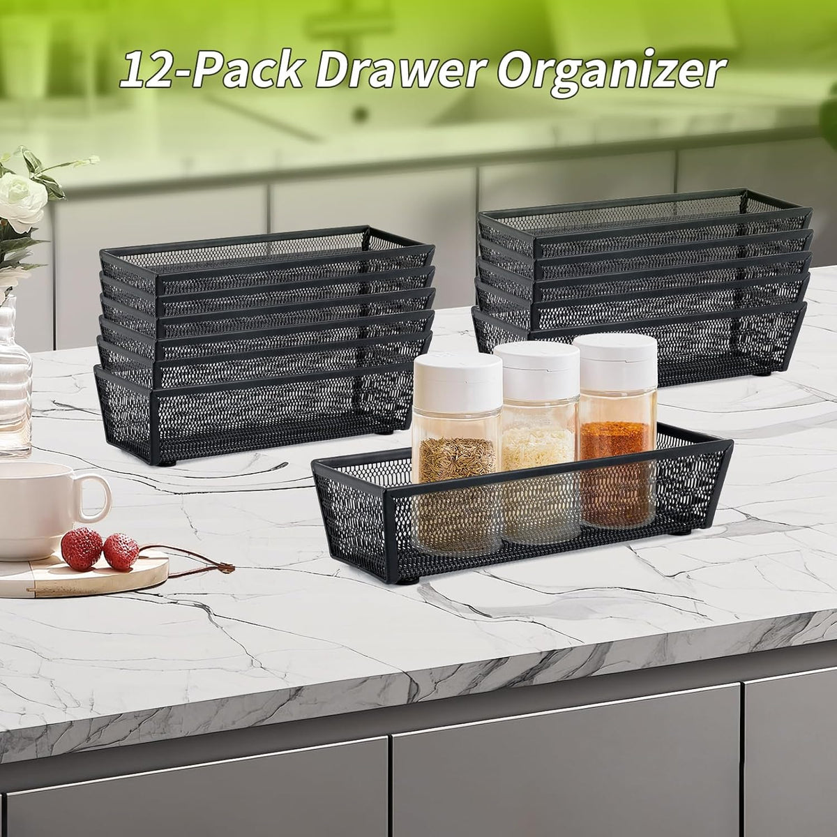 Neudeco Silverware Organizer, Black, 9 x 3 x 2 inch, Pack of 12