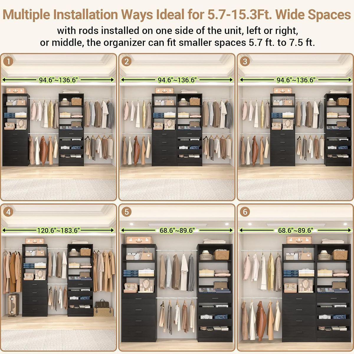 Aheaplus Closet System, 6-15Ft Custom Wood Closet Organizer with 8 Drawers