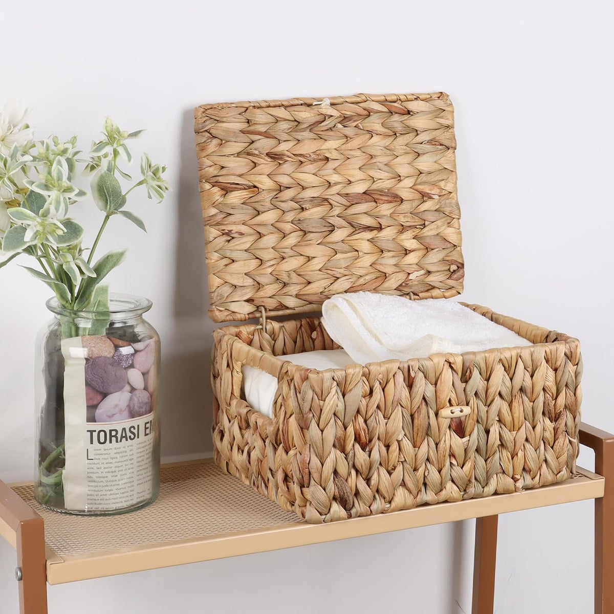 Moosky Wicker Shelf Baskets with Lid, Rectangular Storage Basket Bins with Ha...