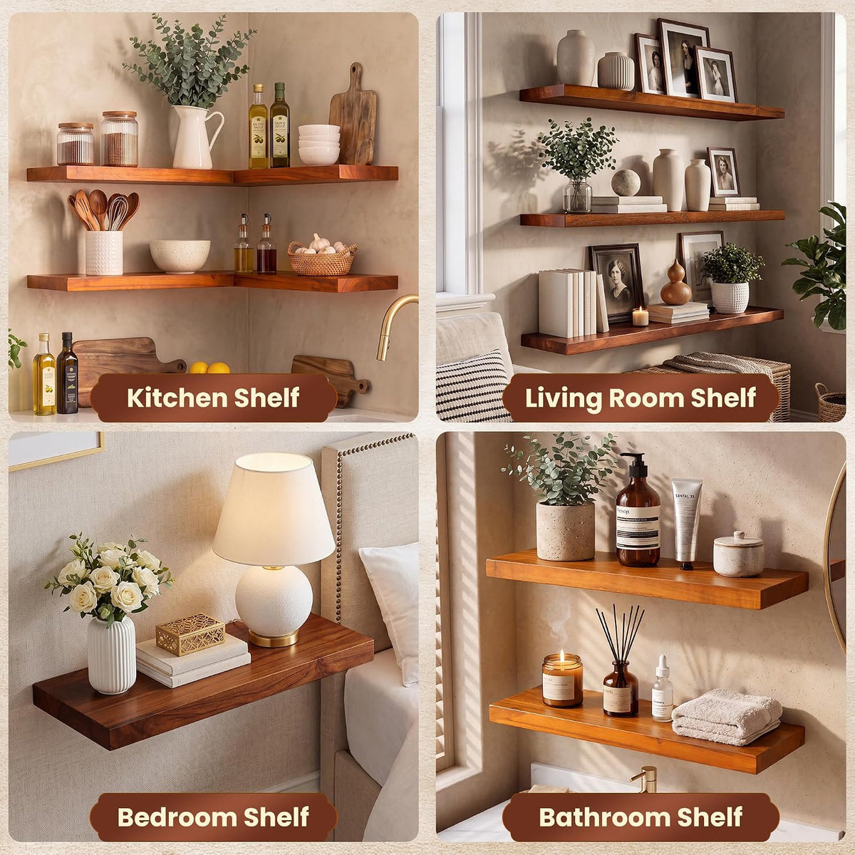 36 Inch Teak Floating Shelves, Set of 2