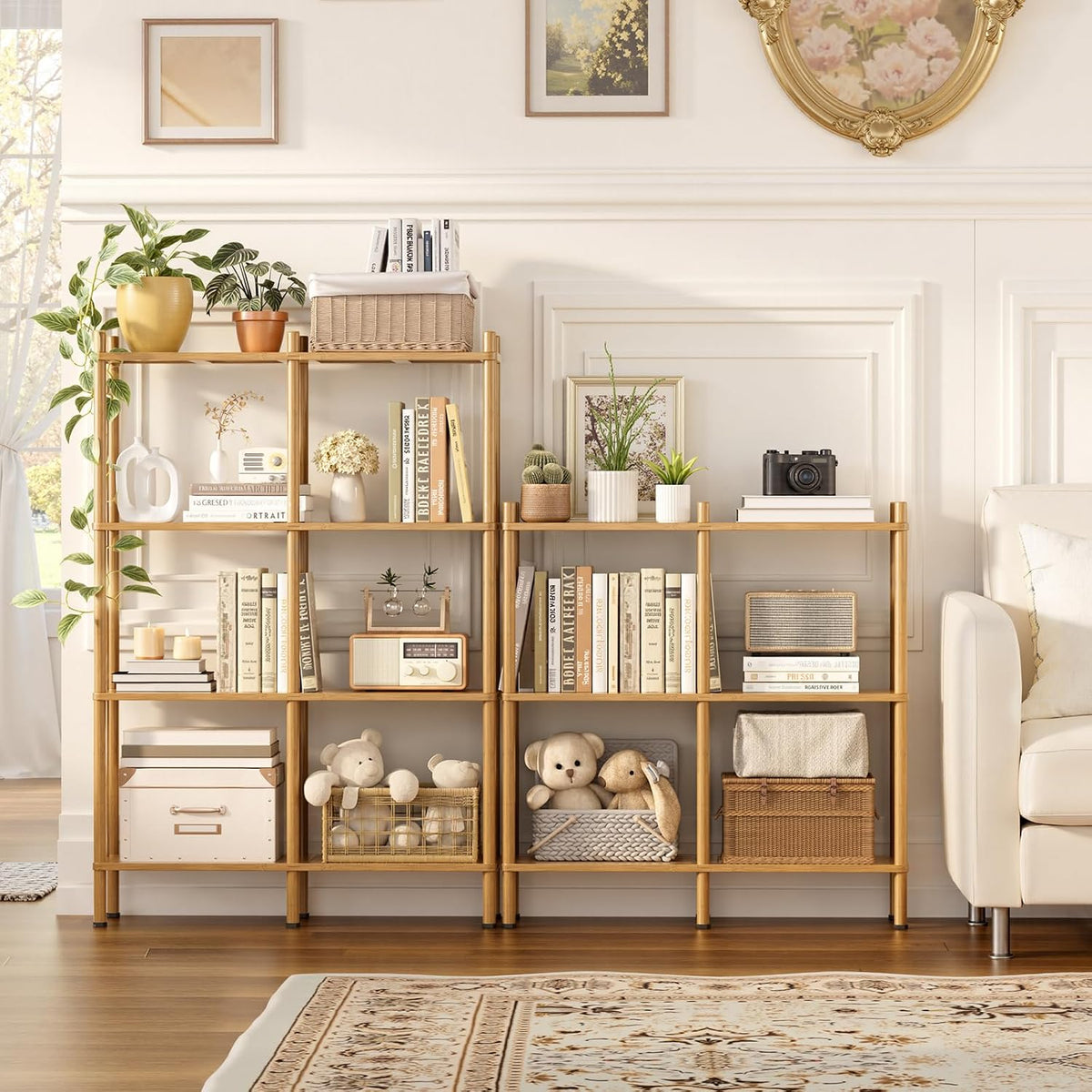4 Tier Book Shelf, Wide Bamboo Bookshelf, Tall Bookcase with 8 Open Display S...