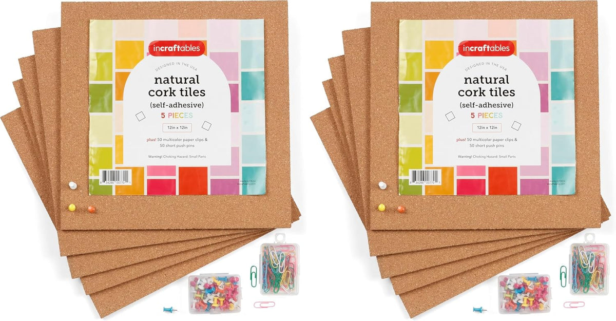 Cork Board Tile Squares – 5 Piece 12x12 Self-Adhesive Squares for Bulletin Bo...