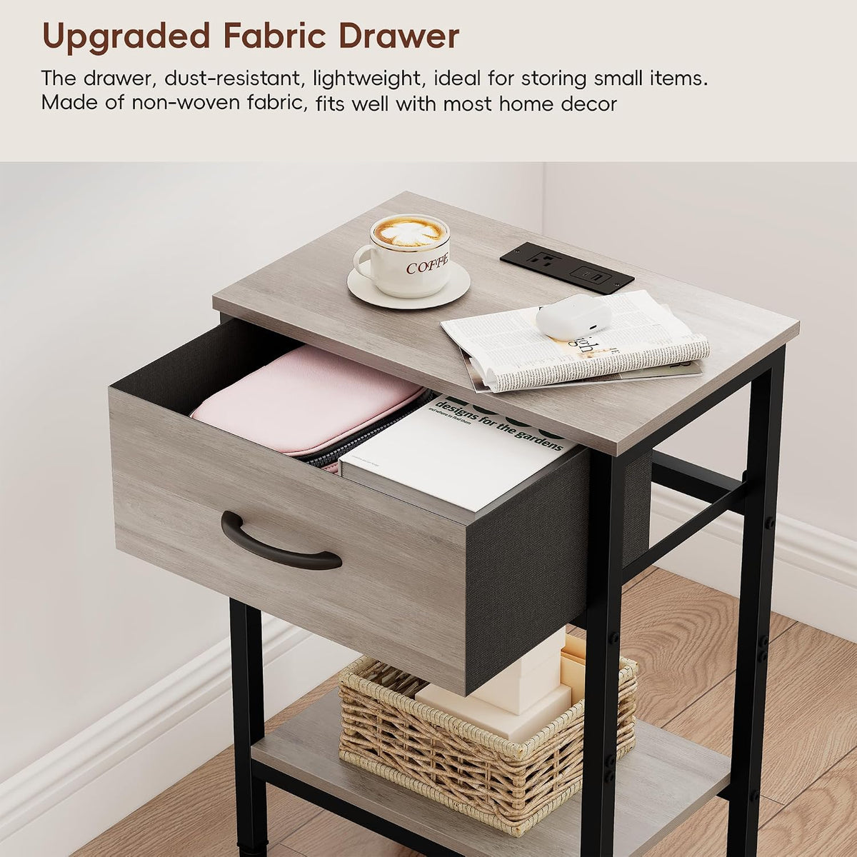 Vagusicc Nightstand with Charging Station, End Table with Fabric Drawer, Smal...