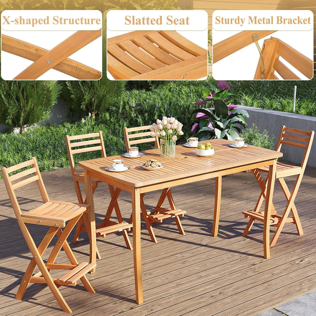 COSTWAY Outdoor Acacia Wood Folding Bar Stool with Slatted Backrest