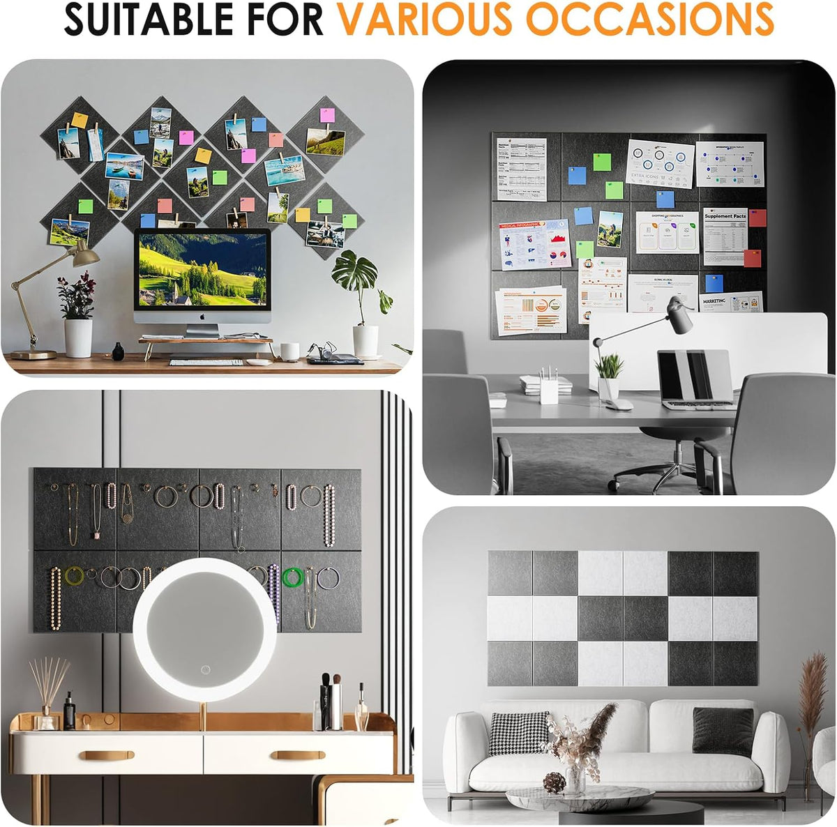 MaxGear Felt Bulletin Board 48" x 36", Dark Gray Felt Wall Tiles Wa...