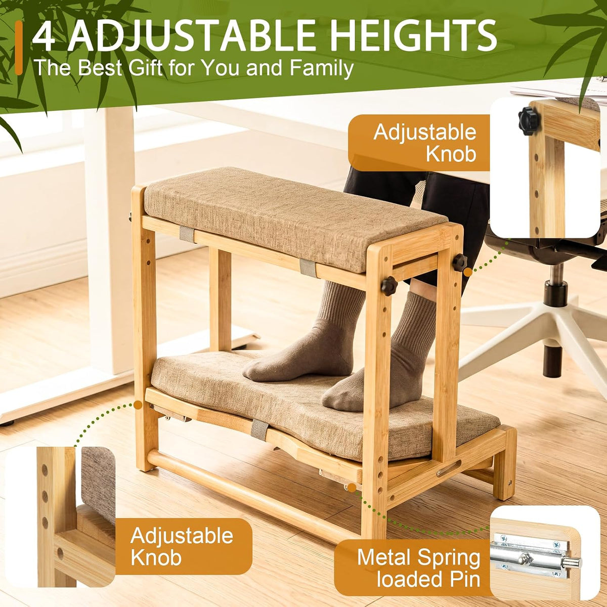 Adjustable Wooden Under Desk Footrest, Ergonomic Double Step Desk Foot Stool ...