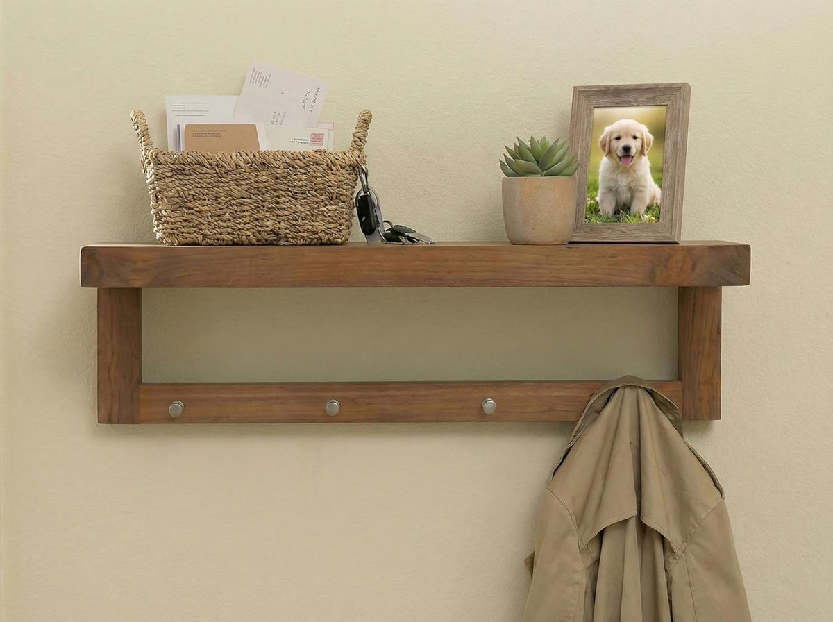 AquaTeak The Original 24" Moa Teak Wall Shelf with Hooks