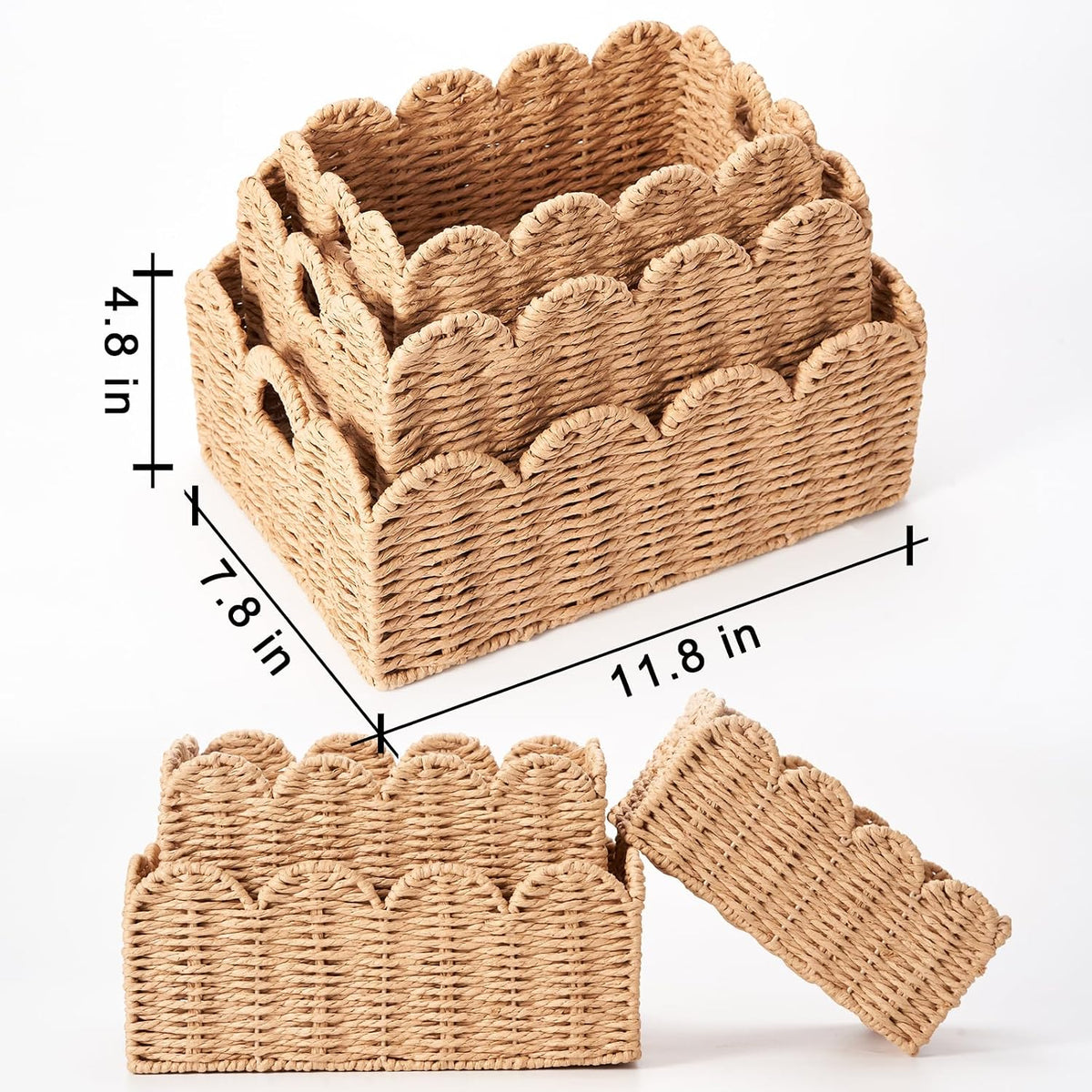 Scalloped Wicker Baskets Set of 3, Hand-Woven Storage with Handles