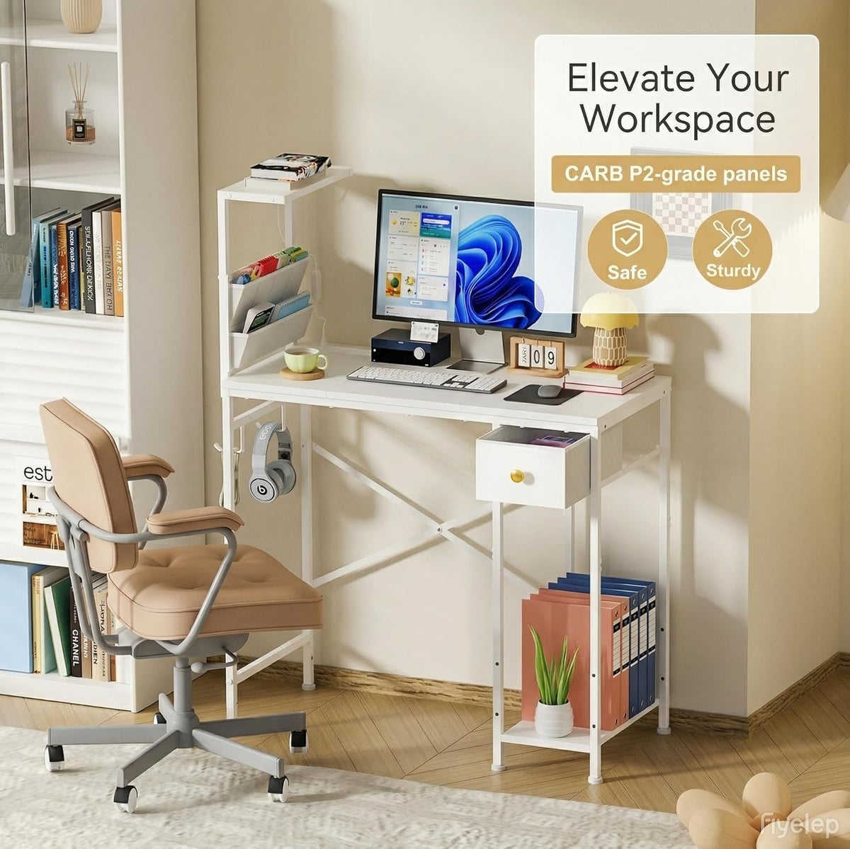 Jakyitvi 33.7" Computer Desk with Power Outlets, LED Lights & Drawer...