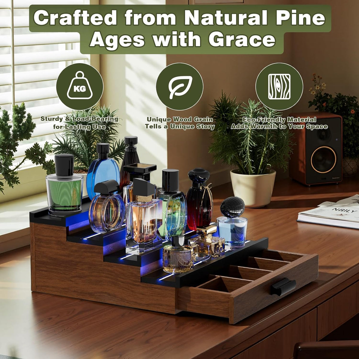 Perfume Cologne Organizer for Men: with LED Light 4 Tier Wooden Perfumes Stan...