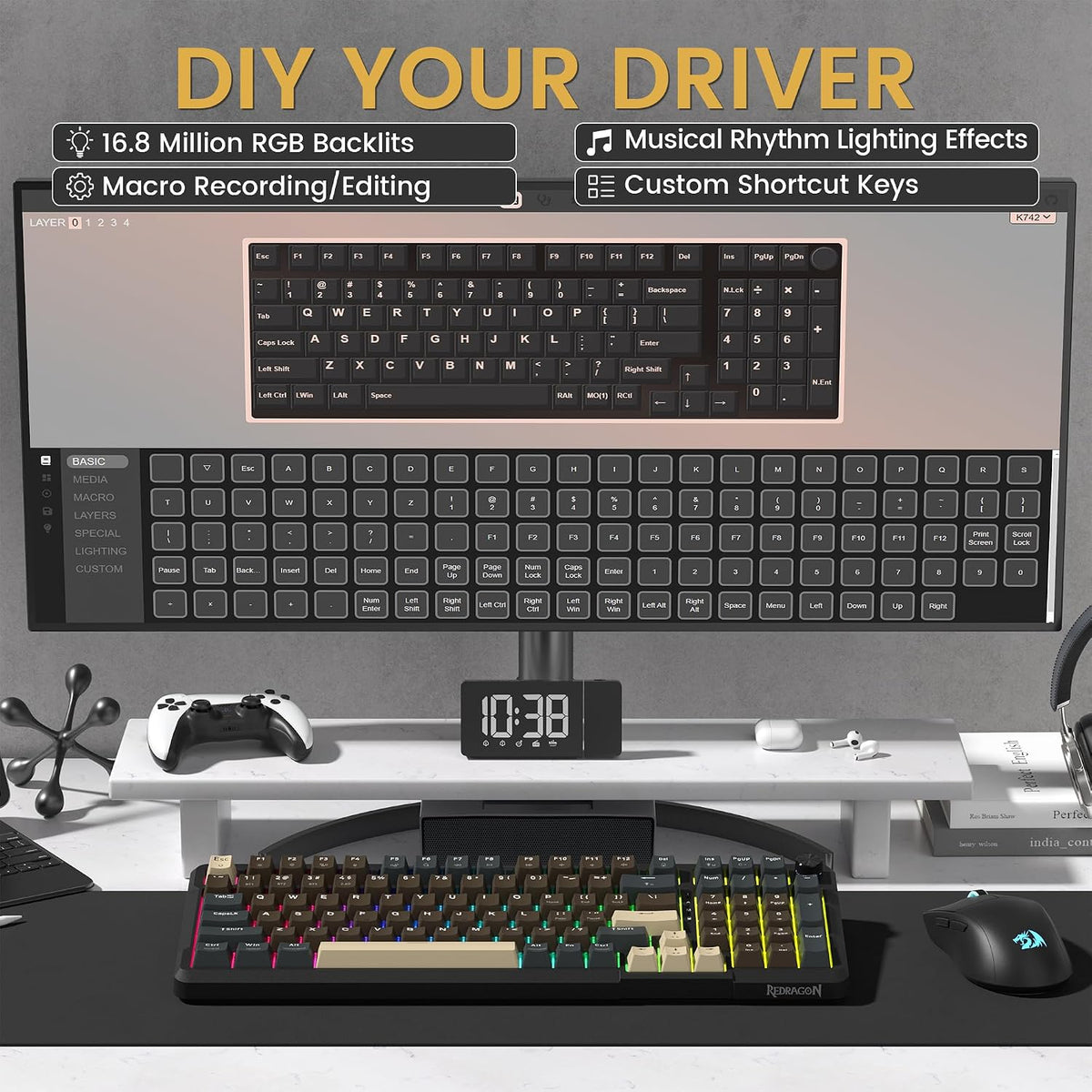 Redragon K742 Wireless Mechanical Gaming Keyboard with Knob, Bluetooth 5.0/2....