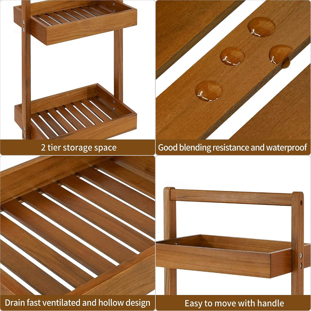 Utoplike Teak Wood Shower Caddy Corner, Bathroom Standing Rack Countertop