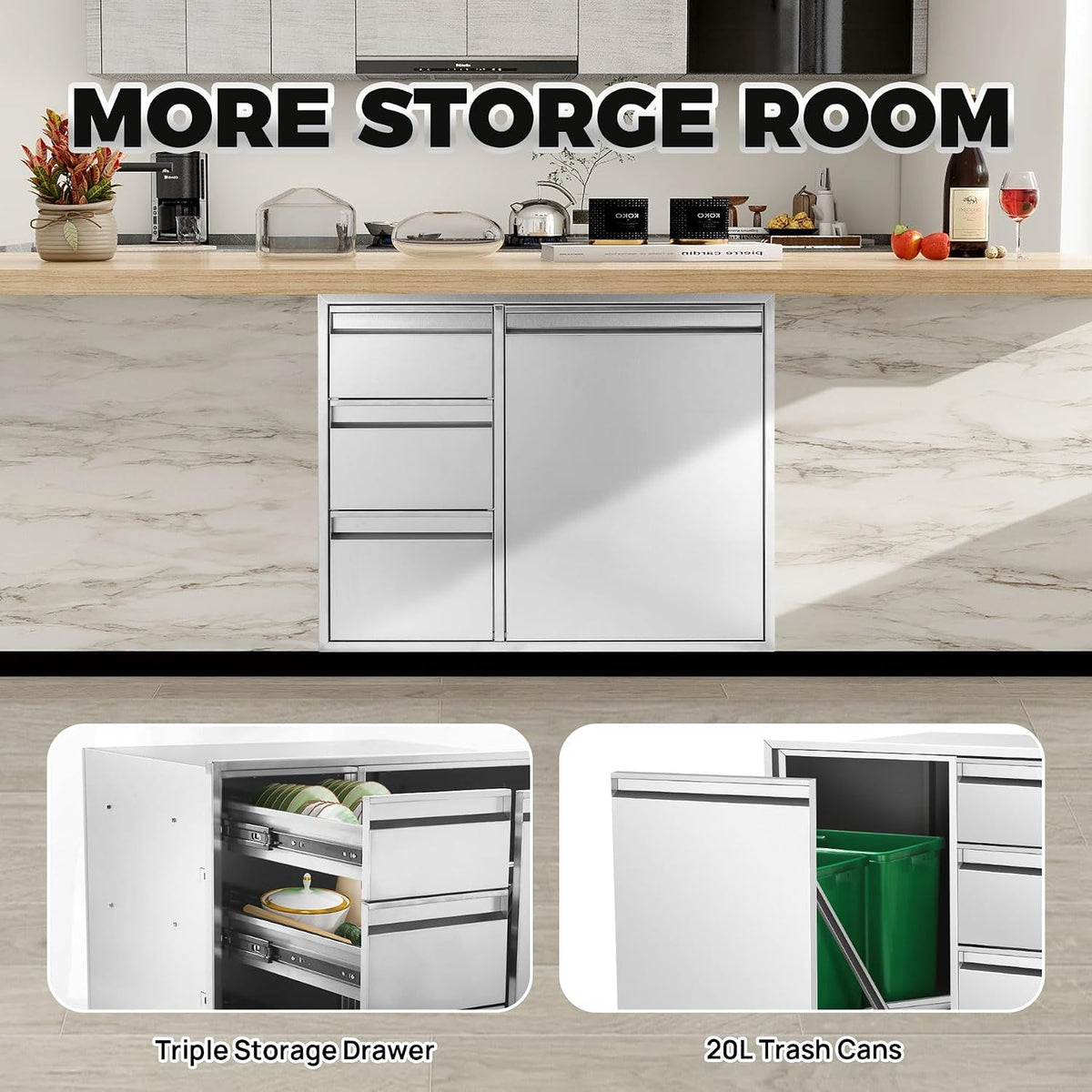 POPMOON Outdoor Kitchen Drawer Combo 28x22x19.5in with 2 Trash Bin Cabinet