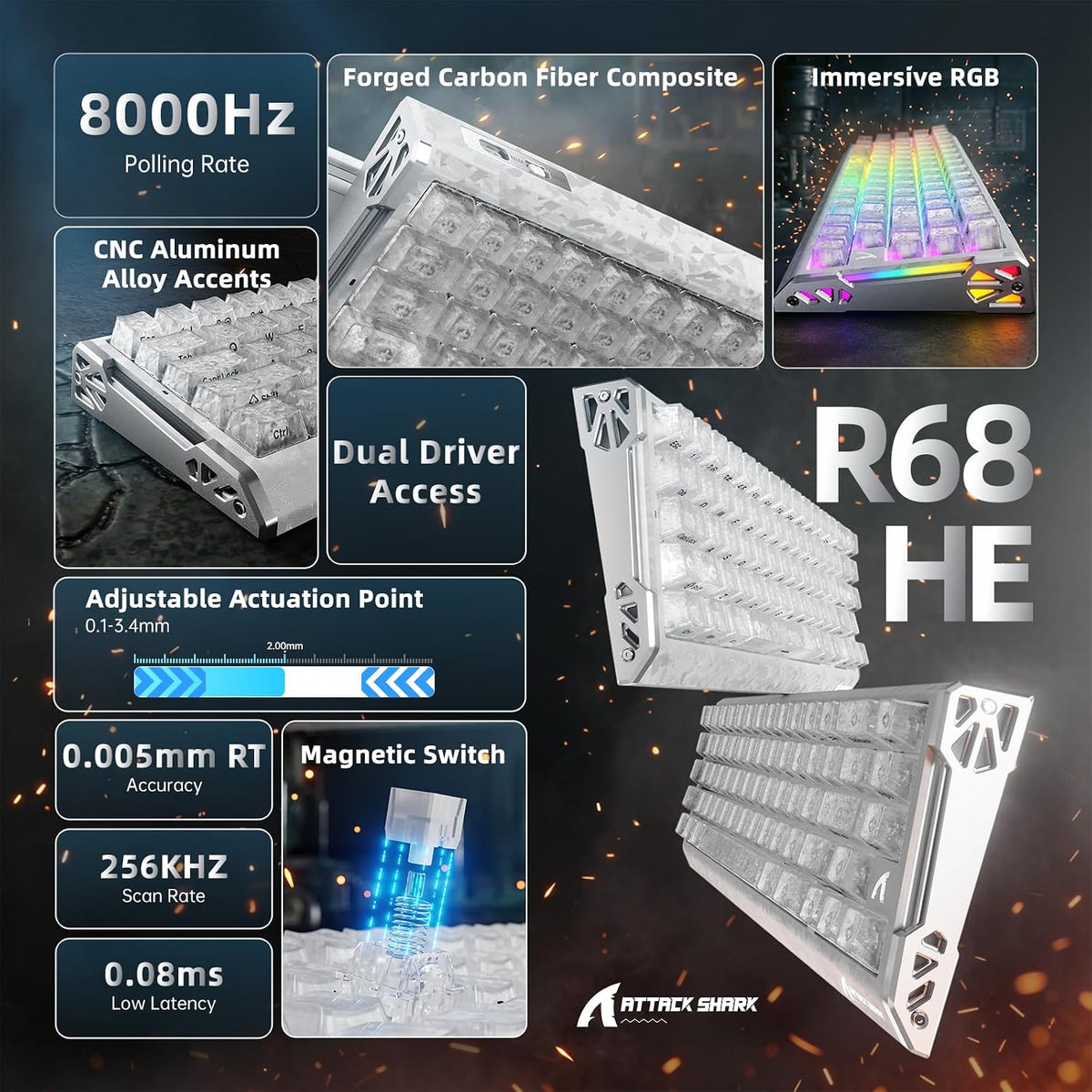 ATTACK SHARK R68 HE 60% Wired RT 8K Mechanical RGB TKL Gaming Keyboard-Ice