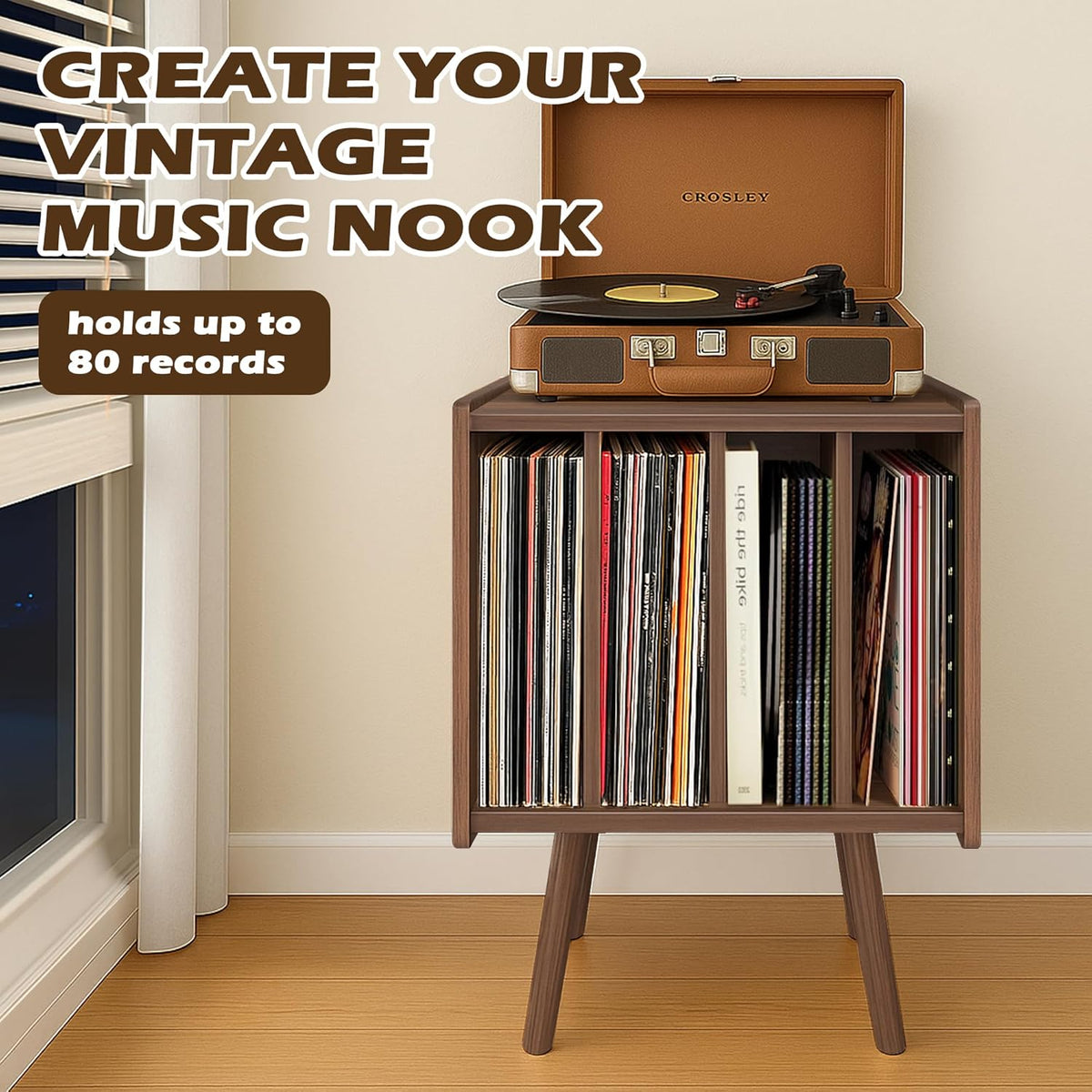 Record Player Stand, Vinyl Record Storage Table with 4 Cabinet, Mid Century M...