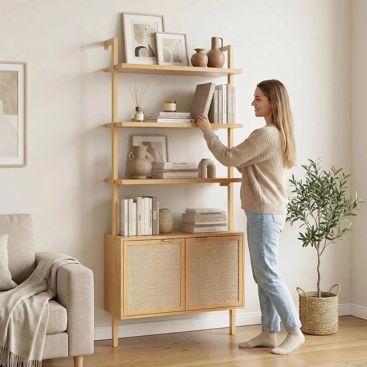 71in Rattan Ladder Bookshelf - 31.5in Wide Book Shelf with Storage, 6-Tier Bo...