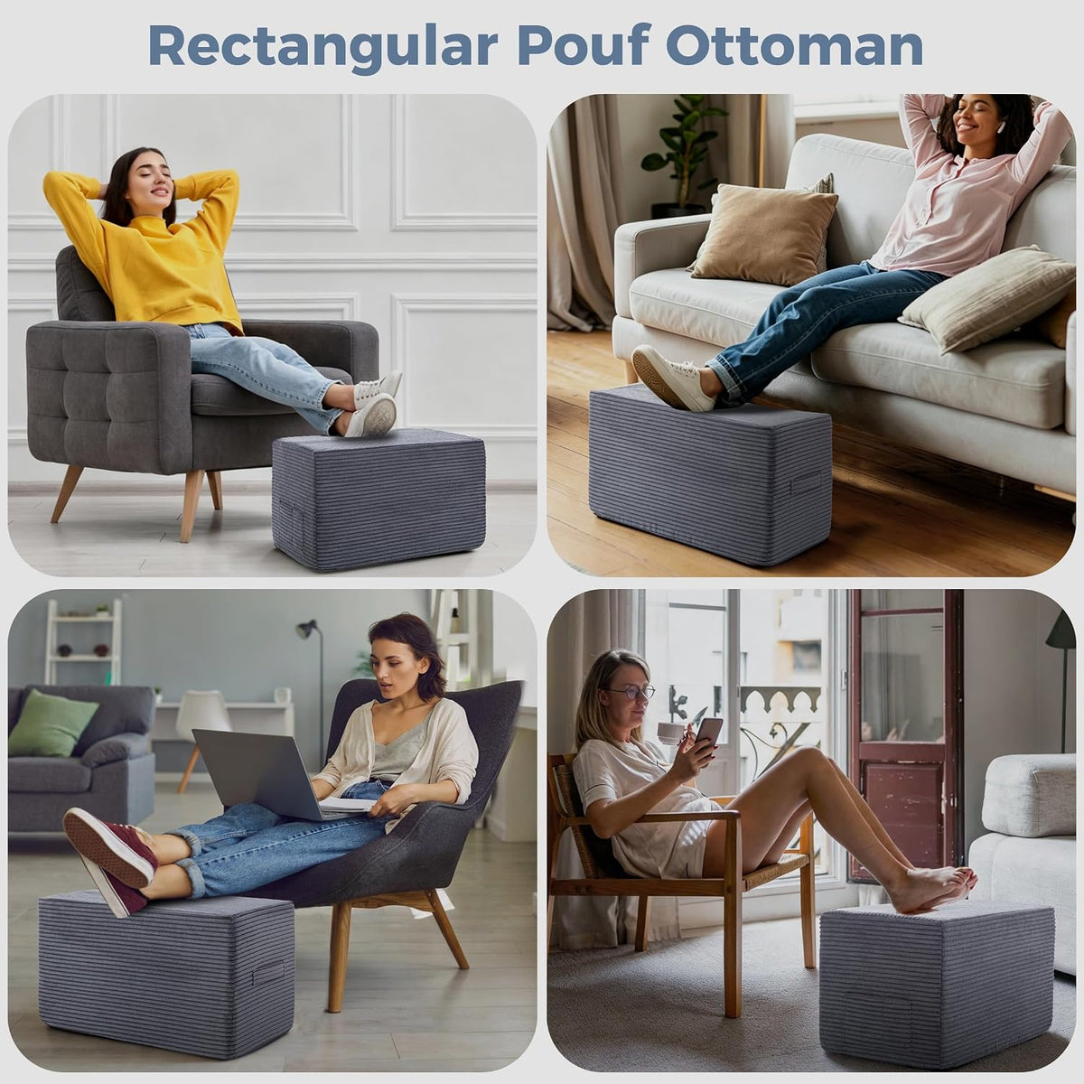 Rectangular Pouf Ottoman, Foam-Filled Footrest, Dark Gray