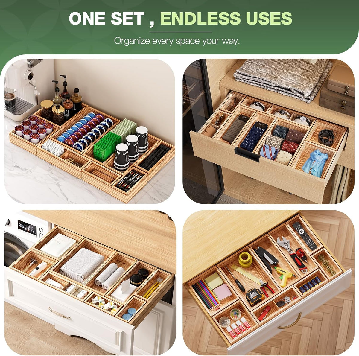 9-Pack Solid Wood Junk Drawer Organizer, Modular Desk Drawer Tray & Acces...