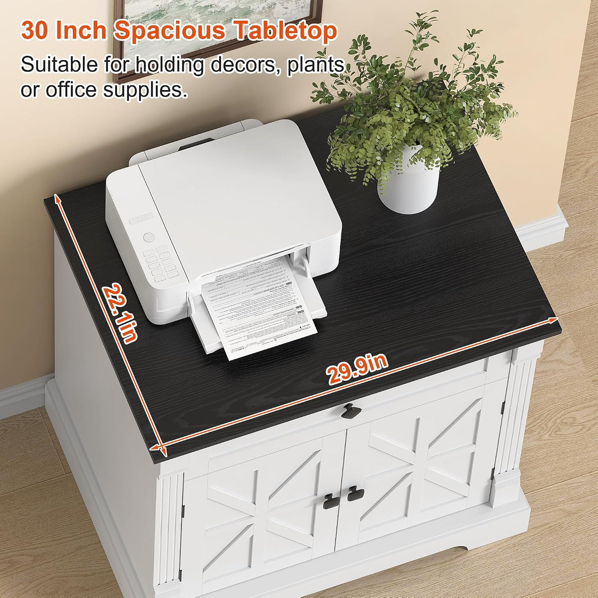 Bigbiglife Farmhouse Printer Stand, 29.9" Wide, Black Top & White Fi...