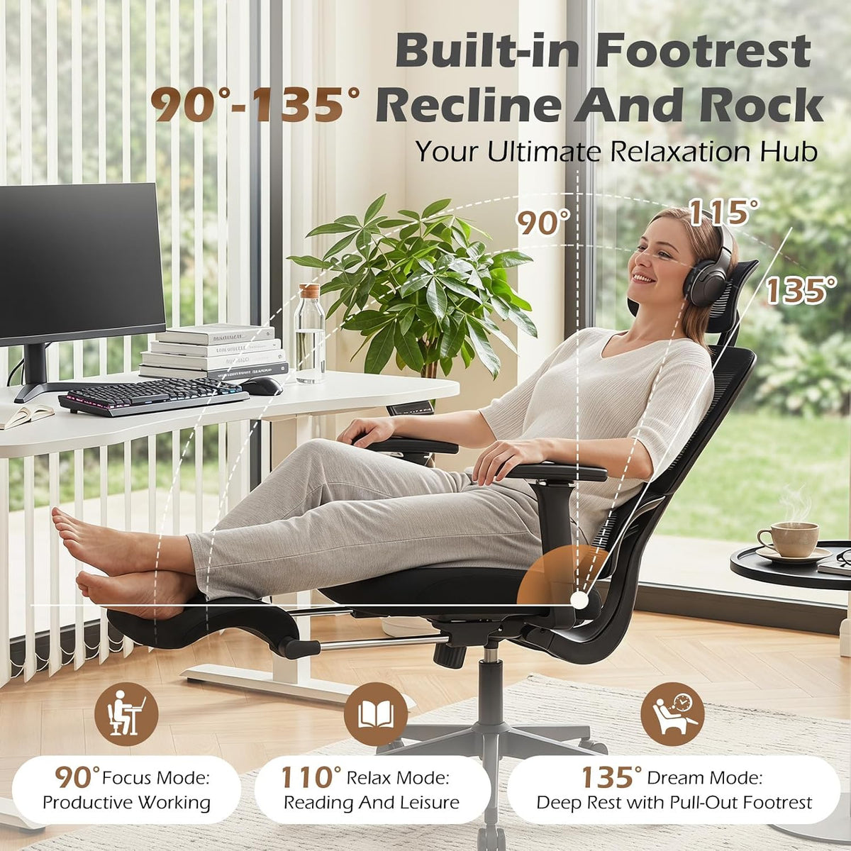Ergonomic Office Chair with Footrest and Dynamic Lumbar Support, Black