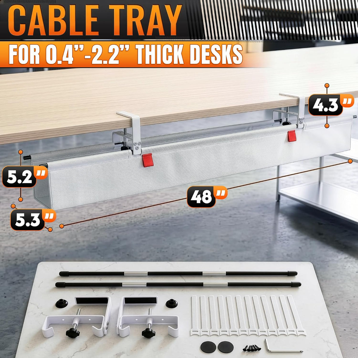 Under Desk Cable Management Tray 48" — No Drill Clamp-On Cord Organizer ...