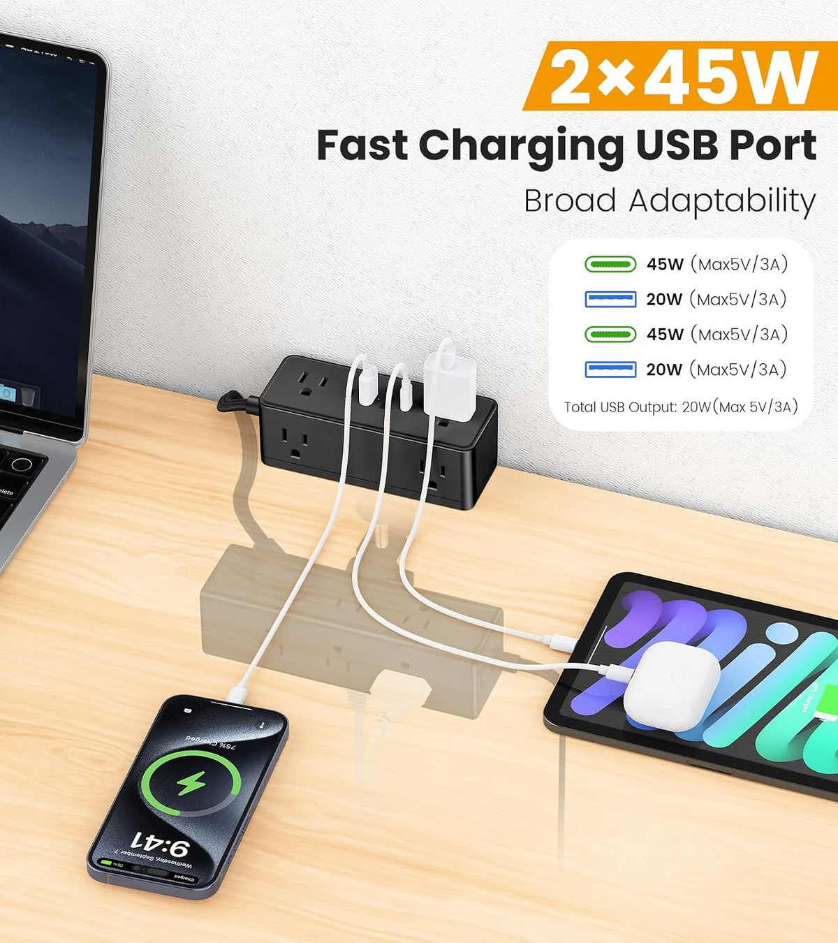 VILONG Dual Layer Desk Clamp Power Strip, 13 Outlets, 45W USB-C, 5FT Cord