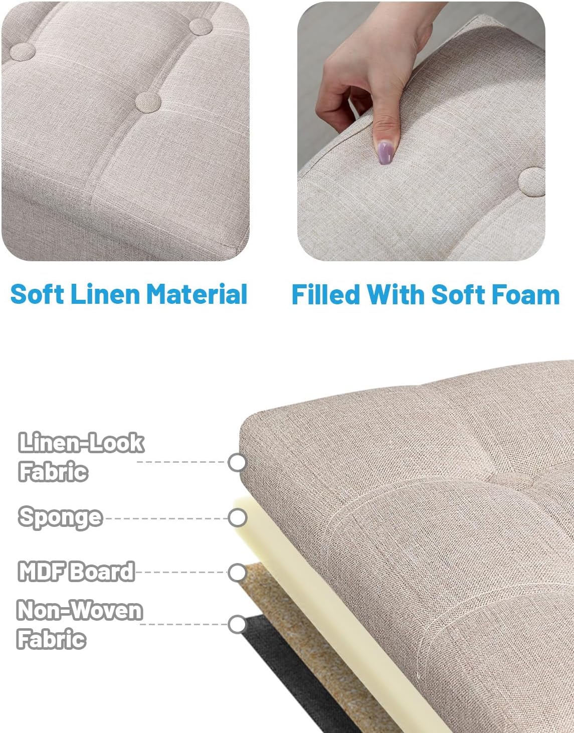 AmasSmile Ottoman with Storage,17" Folding Linen Foot Rest Chest,Beige