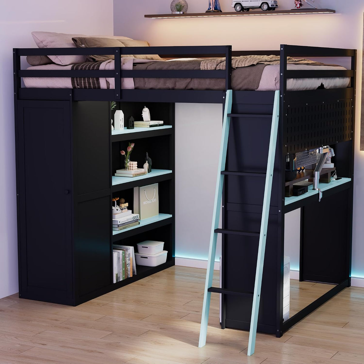 Merax Full Size Loft Bed with Desk and 6 Storage Shelves, Wardrobe, Blackout ...
