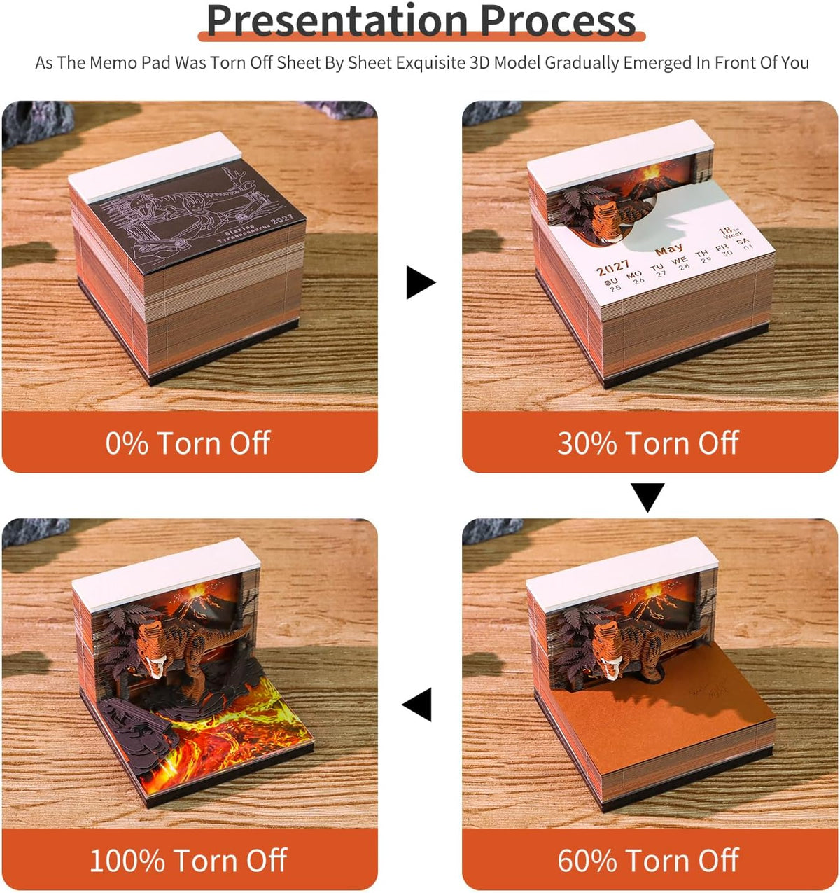 3D Dinosaur Calendar 2027 Time Piece Memo Pad with LED Light