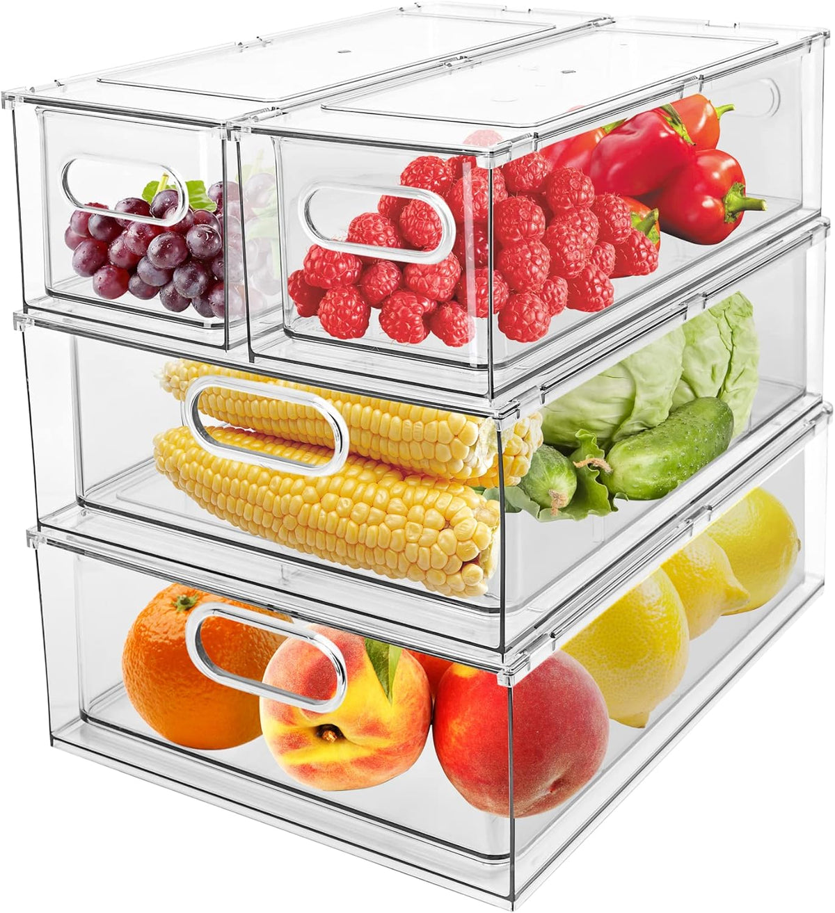4 Pack Refrigerator Organizer Bins with Pull-out Drawer Stackable Clear Fridg...