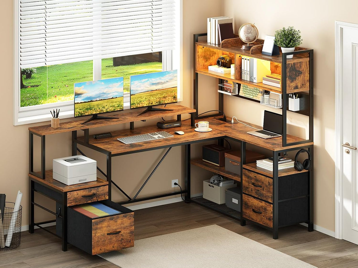 RALGEND L Shaped Gaming Desk with Storage Drawers & Shelves, Power Outlets