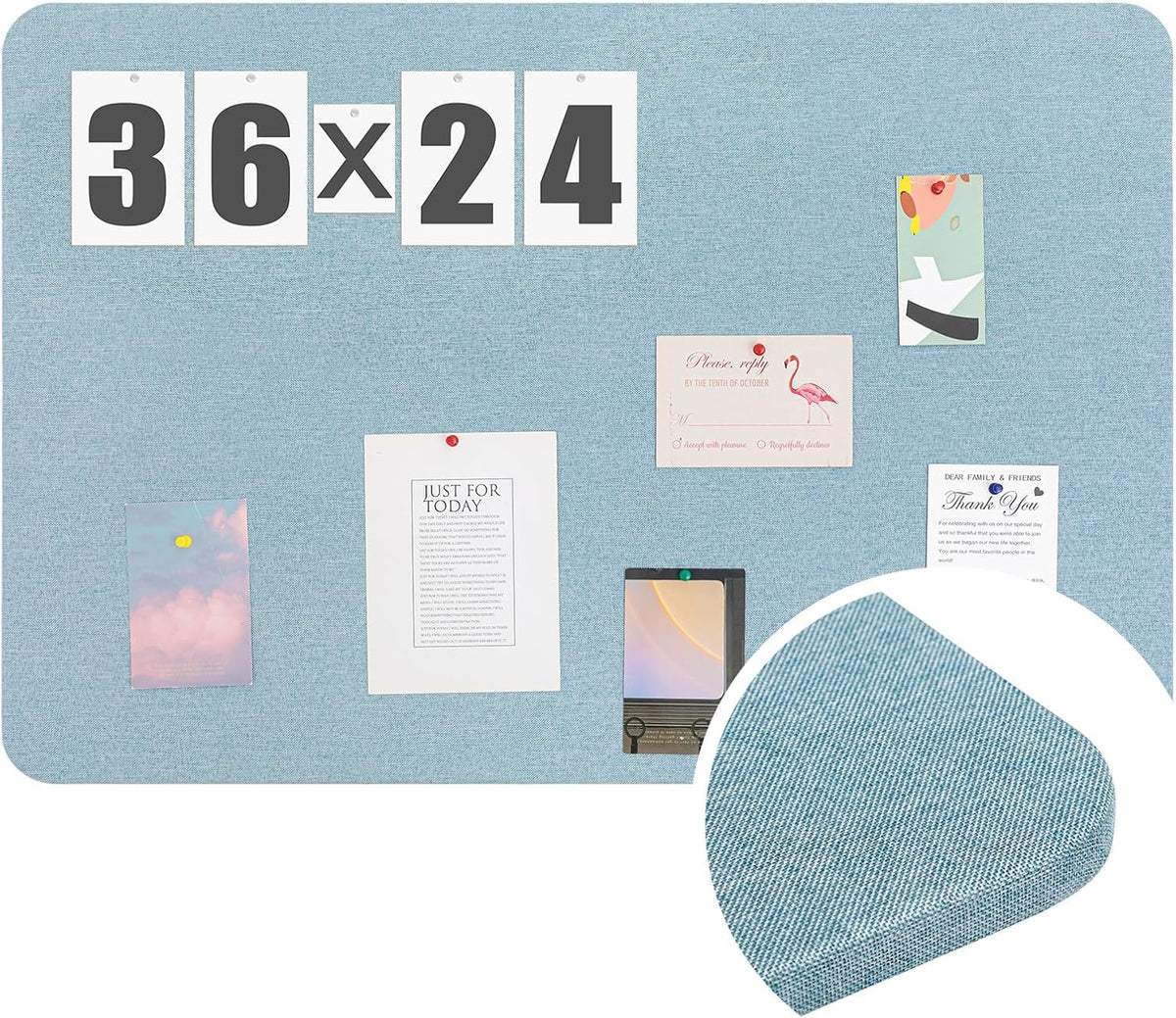 Hahafelt Linen Fabric Bulletin Board Pinboard, 36"x 24", Water Blue