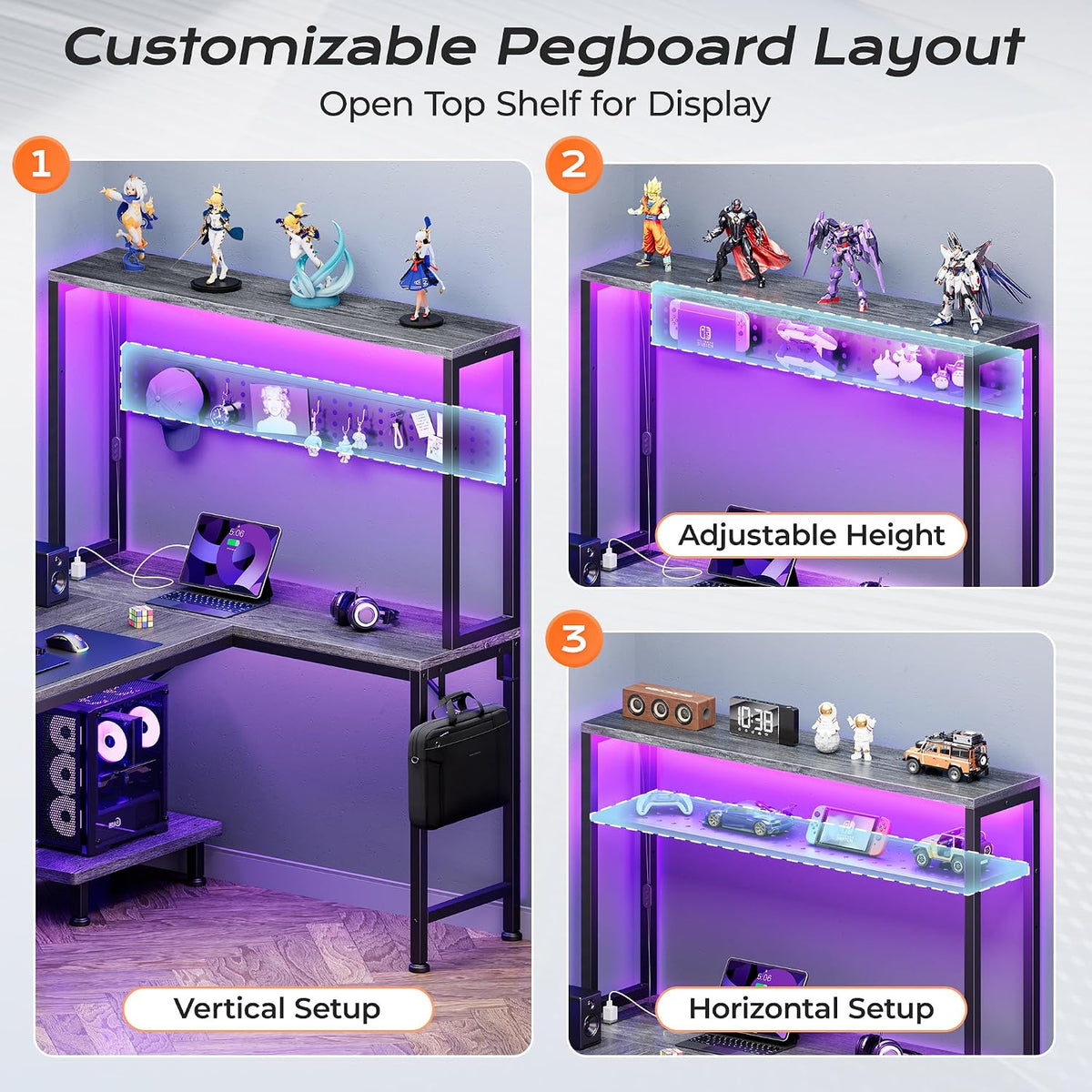 PRAISUN L Shaped Gaming Desk with LED Lights & Power Outlets