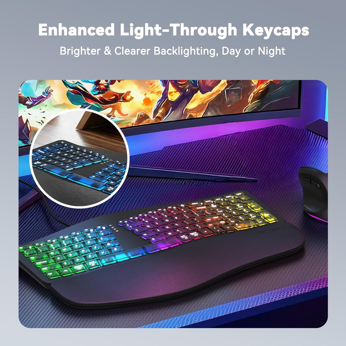 MEETION Wired Ergonomic Keyboard with Backlit Keys and Wrist Rest, Black