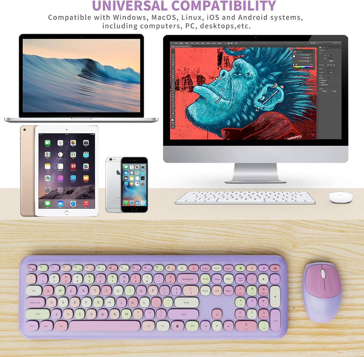 Wireless Keyboard and Mouse Combo, Colorful Ergonomic Full Size Retro Low-Noi...