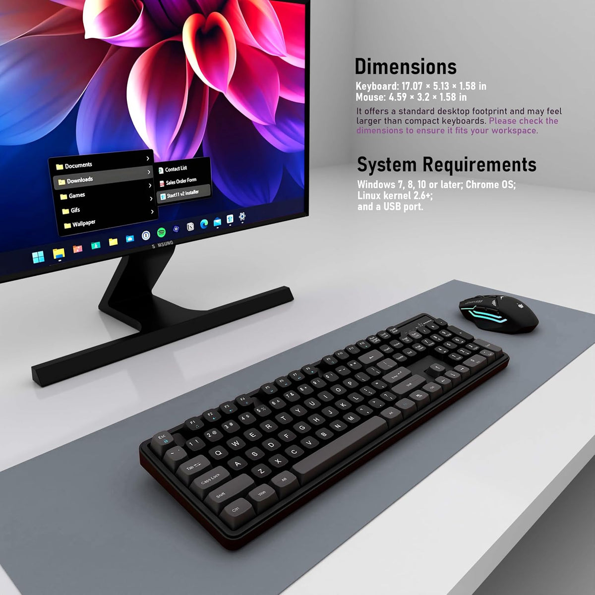 Rechargeable Wireless Keyboard and Mouse Combo, Full-Size - Black-Gray