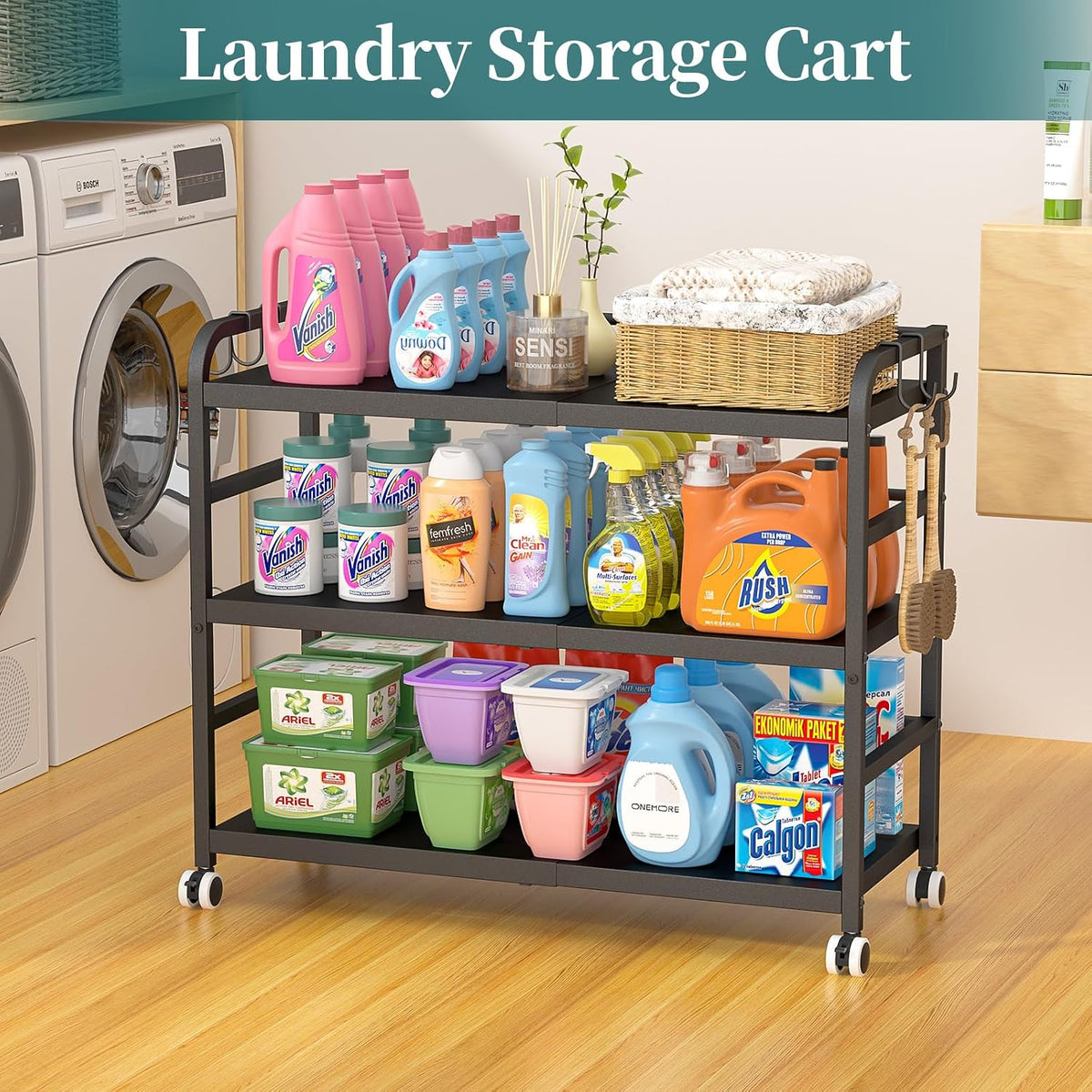 DAOUTIME 3-Tier Expandable Rolling Cart, Pantry Storage Cart with Wheels, Adj...