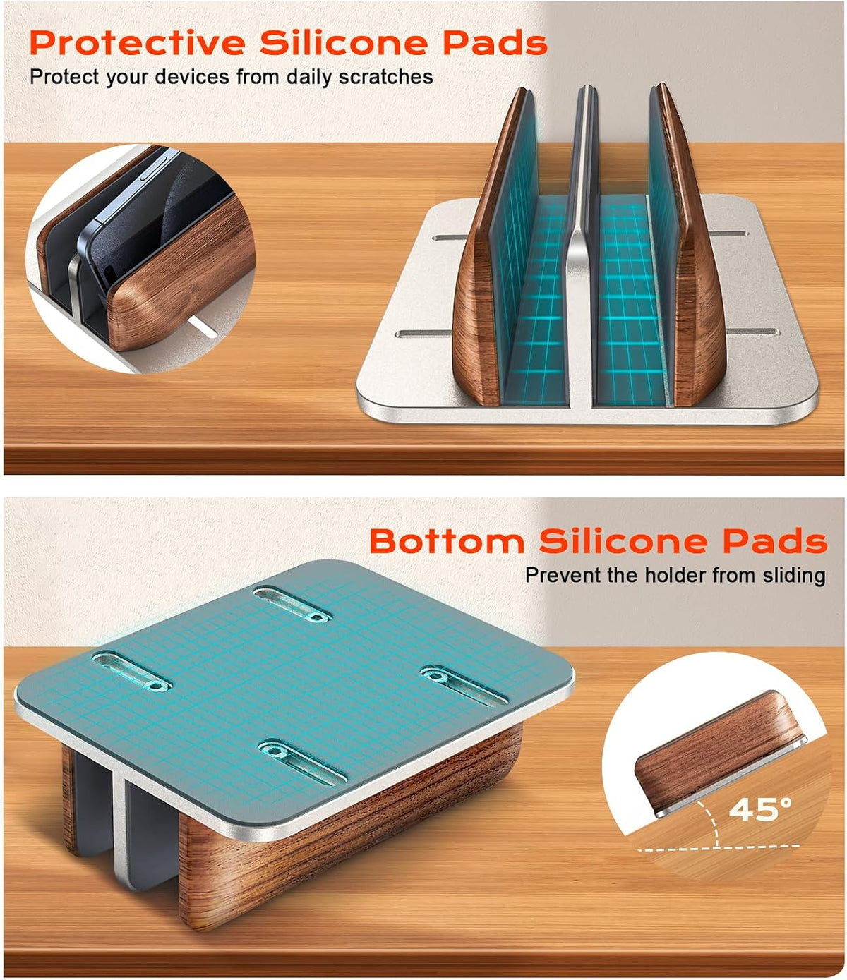 JCZT Vertical Laptop Stand, Walnut Dual Laptop Holder, Silver