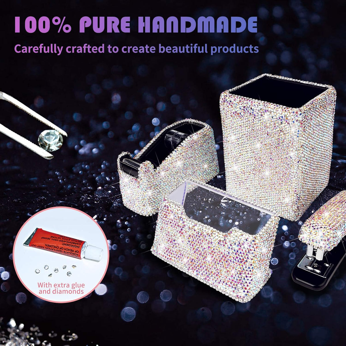 Bling Crystal Luxury Handmade Diamond Square Pencil Pen Pot Holder & Stap...