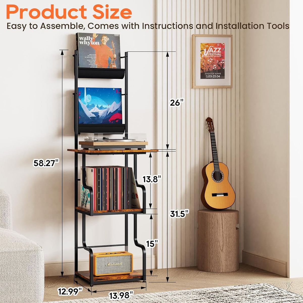 TJ.MOREE Record Player Stand with Vinyl Storage, Tall Record Player Table wit...