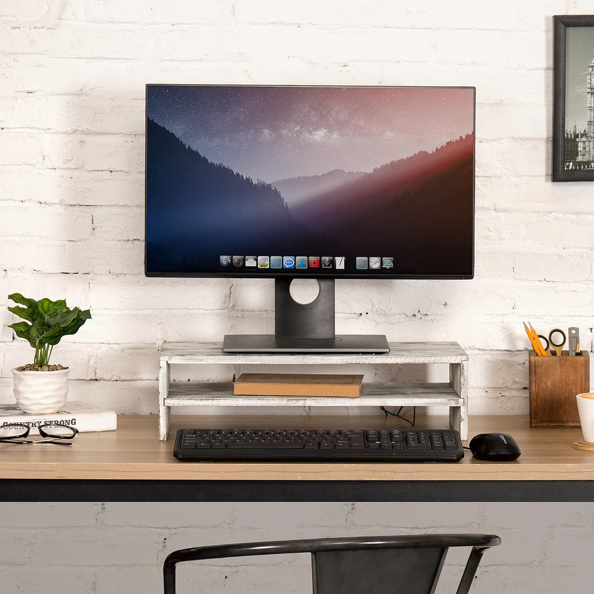 MyGift Whitewashed Wood Monitor Stand, 2 Tier Computer Desk Riser Shelf