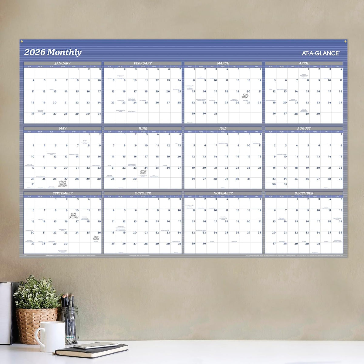 AT-A-GLANCE 2026 Wall Calendar, Dry Erase Wall Planner, Monthly, 48" x 3...