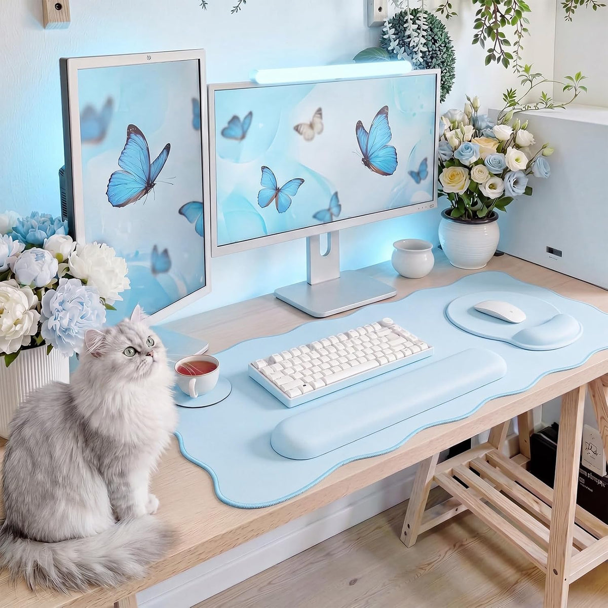 Sabary Scalloped Desk Mat Keyboard Mouse Pad Set Blue 35.5 x 15.7 Inch